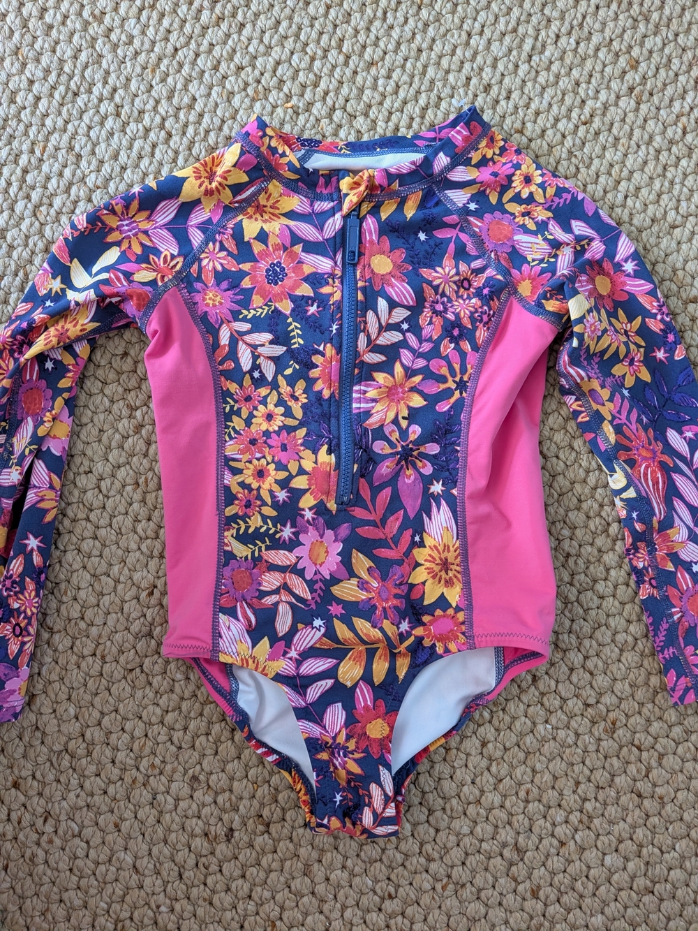 Garnet Hill Floral Long-Sleeve Zip Rashguard - Pink & Navy Size 5